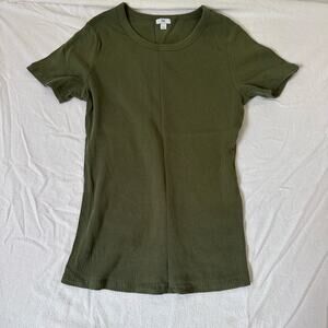 dip Olive Green Shirt Dress Ribbed Crew Neck Stretch Relaxed Large Woman Causal